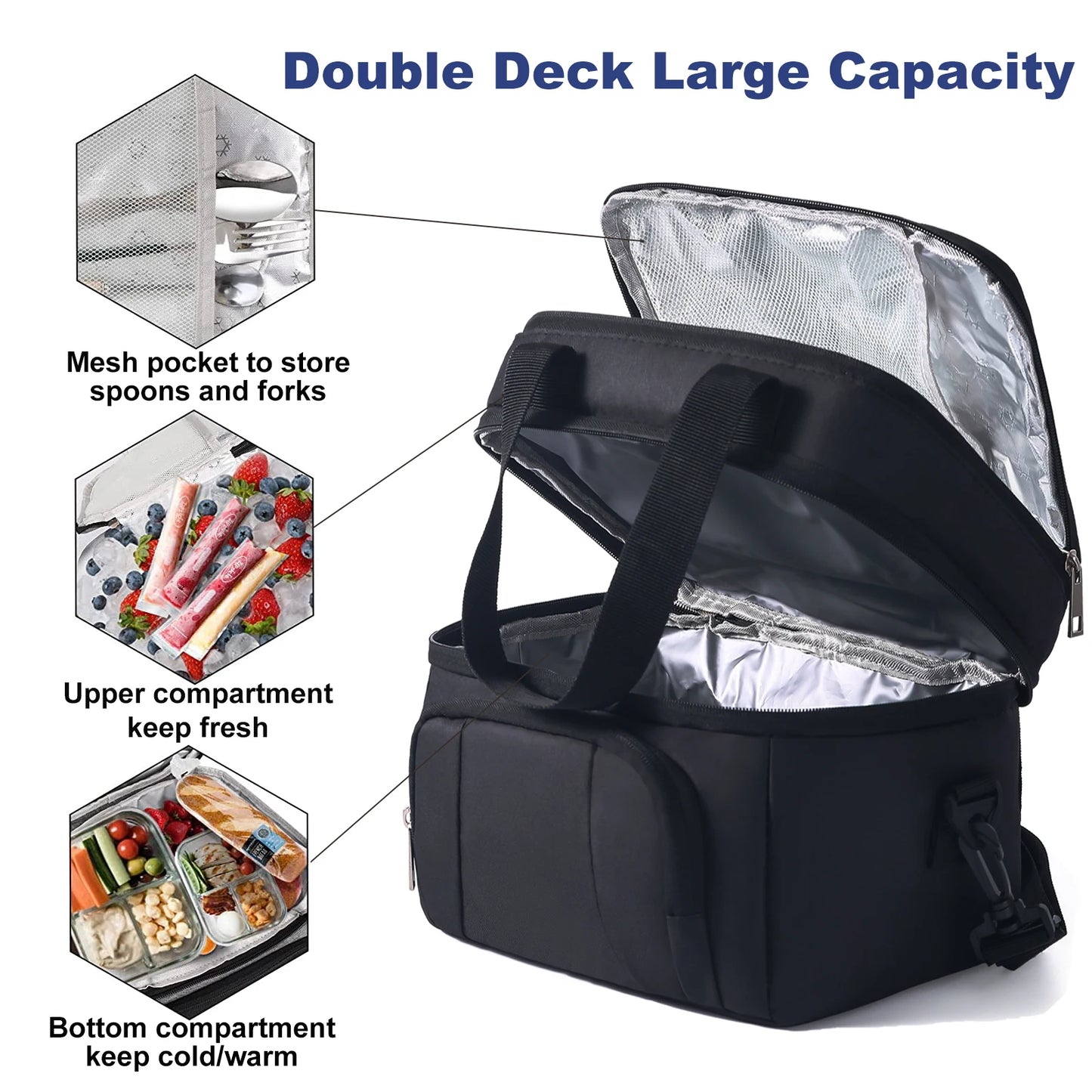Double Insulated Lunch Bag Layer Portable Thermal Lunch Box Waterproof Picnic Heat Insulating Bag with Adjustable Strap