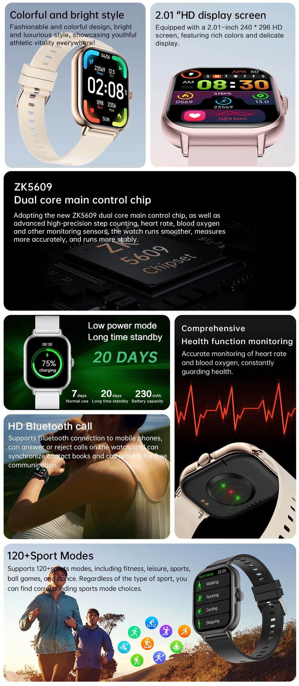 2025 2.01'' Smart Watch Bluetooth Call Play Music Smartwatch Fitness Clock Sport Waterproof Watches for Men Women iPhone Android