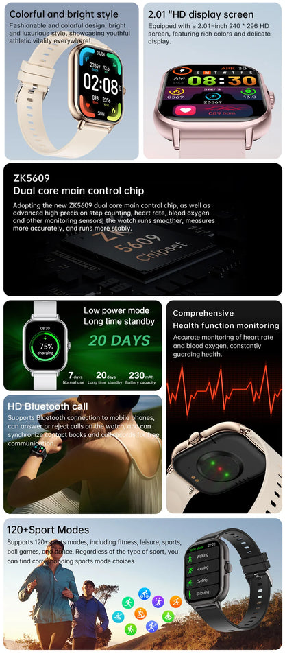 2025 2.01'' Smart Watch Bluetooth Call Play Music Smartwatch Fitness Clock Sport Waterproof Watches for Men Women iPhone Android