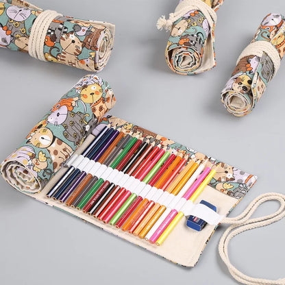 48 Holes Roll Colored Art Pencil Case Kawaii School Students Supplies Paint Brush Pen Bag Cute Pencil Cases Stationery