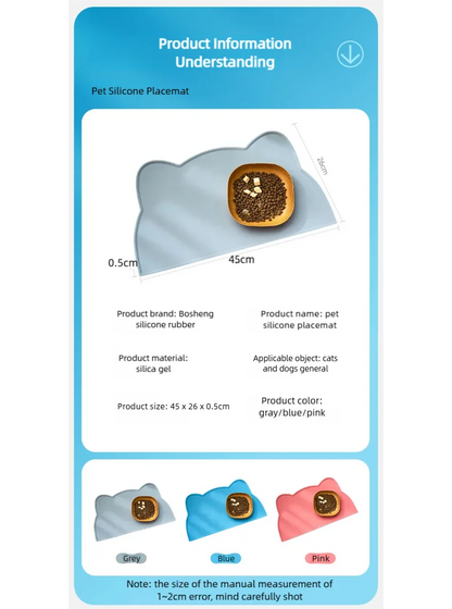 Pet silicone food mat waterproof, anti-slip, dirty, washable and easy to clean, universal tableware mat for cats and dogs.