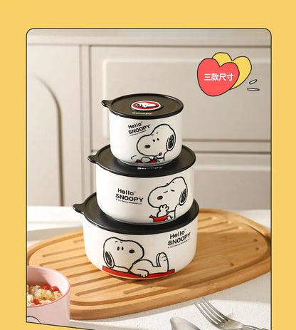 Snoopy animation peripheral cartoon safety bowl sealed ceramic box with lid can be microwaved and portable for office workers