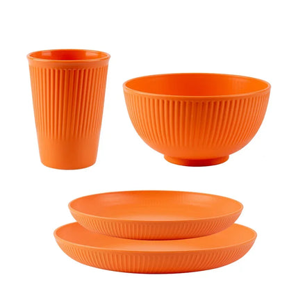 Wheat Straw Cutlery Set 4Pcs Bowl Cup Dish Set Portable Tableware Set Dinnerware Kits for Picnic Camping