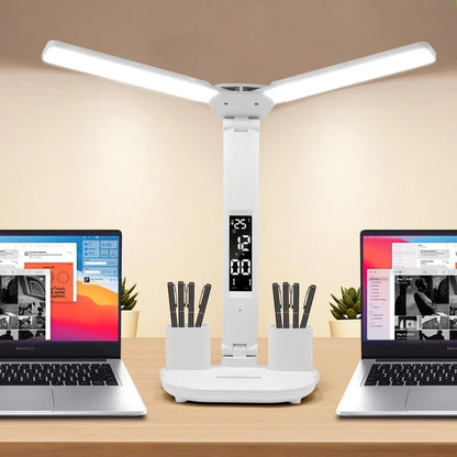 LED Table Lamp USB Chargeable Dimmable Clock Desk Lamps 2 Heads 180 Rotate Foldable Eye Protection Desktop Reading Night Lights