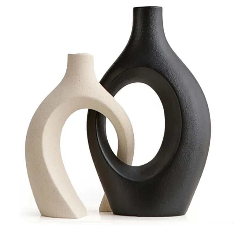 ,  Hollow Cuddled Ceramic Vase, 2 for Modern Home Decoration, Boho Donut Vase, Black and White Minimalist Decorative Flowerpot