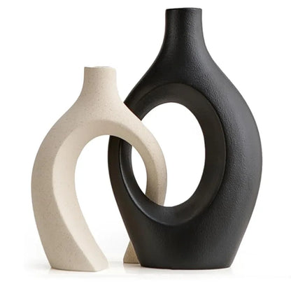 ,  Hollow Cuddled Ceramic Vase, 2 for Modern Home Decoration, Boho Donut Vase, Black and White Minimalist Decorative Flowerpot