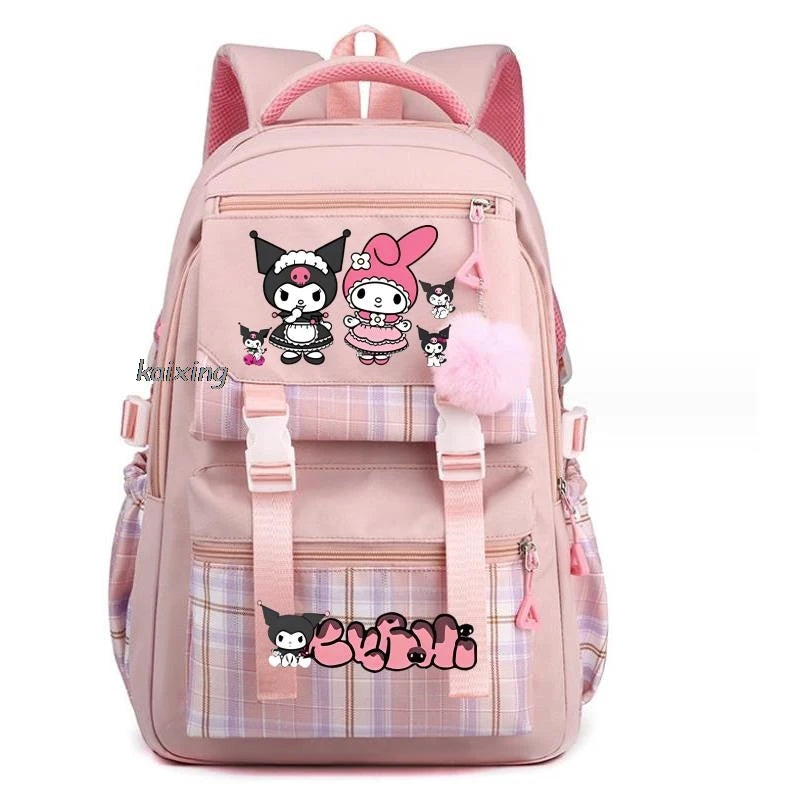 Lovely Kuromi Melody Backpacks Cosplay Plaid Women Men multi-pocket Lightweight School Bags Travel Ins Capacity Laptop Mochilas