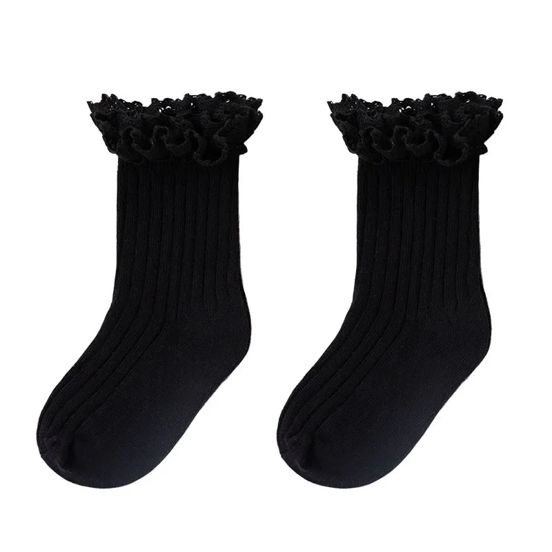 Korean Baby Children Girls Cute Striped Socks Kids School Uniform Stockings Princess Floral Ruffled Long Socks Mid-calf Socks