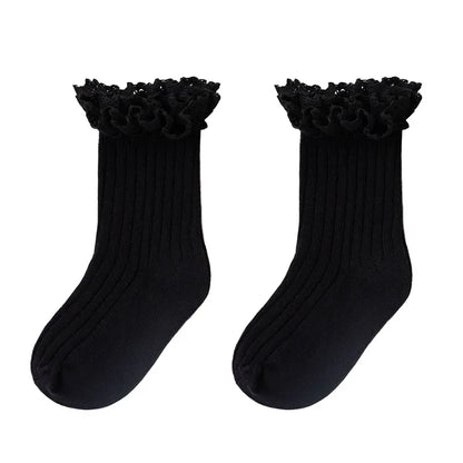 Korean Baby Children Girls Cute Striped Socks Kids School Uniform Stockings Princess Floral Ruffled Long Socks Mid-calf Socks