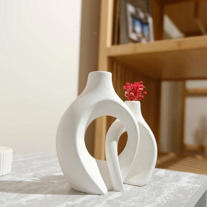 Hollow Nordic Modern Ceramic Vase Set of 2 for Modern Home Decor,Plastic imitation ceramic Hollow Flower Vases for Living Room