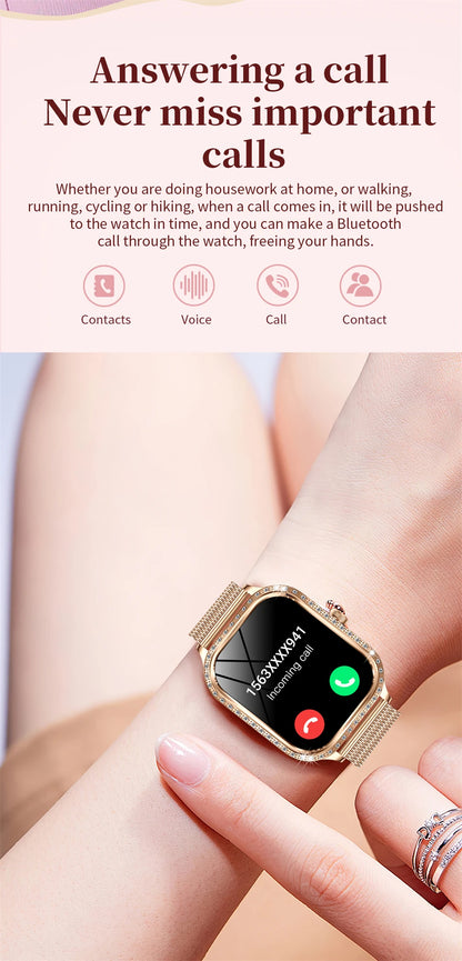 New Fashion Women Smart Watch 1.75inch Curved Screen Sports Bracelet BT HD Calling Clock IP68 Waterproof Diamond Case Smartwatch