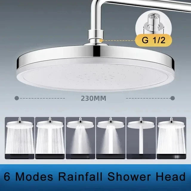 New 230mm Big Panel Showerhead 6 Mode Supercharge Rainfall Shower Head High Pressure Top Rain Shower Faucet Bathroom Accessories