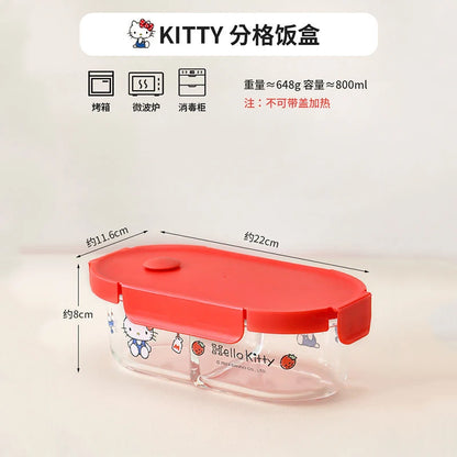 Sanrio Kawaii Hello Kitty Glass Lunch Box My Melody Kuromi Anime Cartoon Sweet Microwaveable Sealed Soup Bowls with Separate Lid