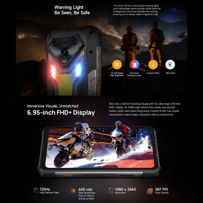 Ulefone Armor 34 Pro 5G AI Rugged Phone 32GB+512GB 25500mAh 6.95" Built-in Projector 120Hz Android 15 MTK 7300 NFC Smartphone
