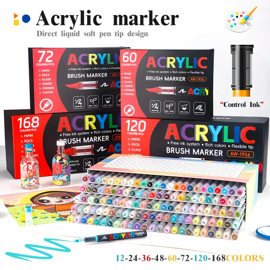 60/72/120/168 Color Acrylic Paint Pen Marker Brush Tip Paint Marker For Rock Painting Wood Canvas Stone Christmas Gift DIY Craft