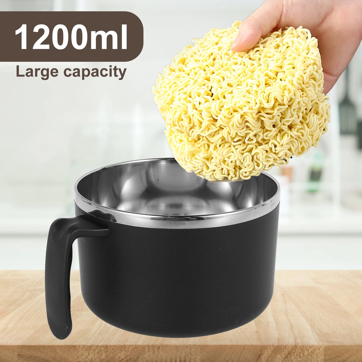 1200ml Ramen Bowl Stainless Steel Noodle Bowl with Lid Heat Resistant Instant Noodles Bowls Cooker Tableware Kitchen Accessorie