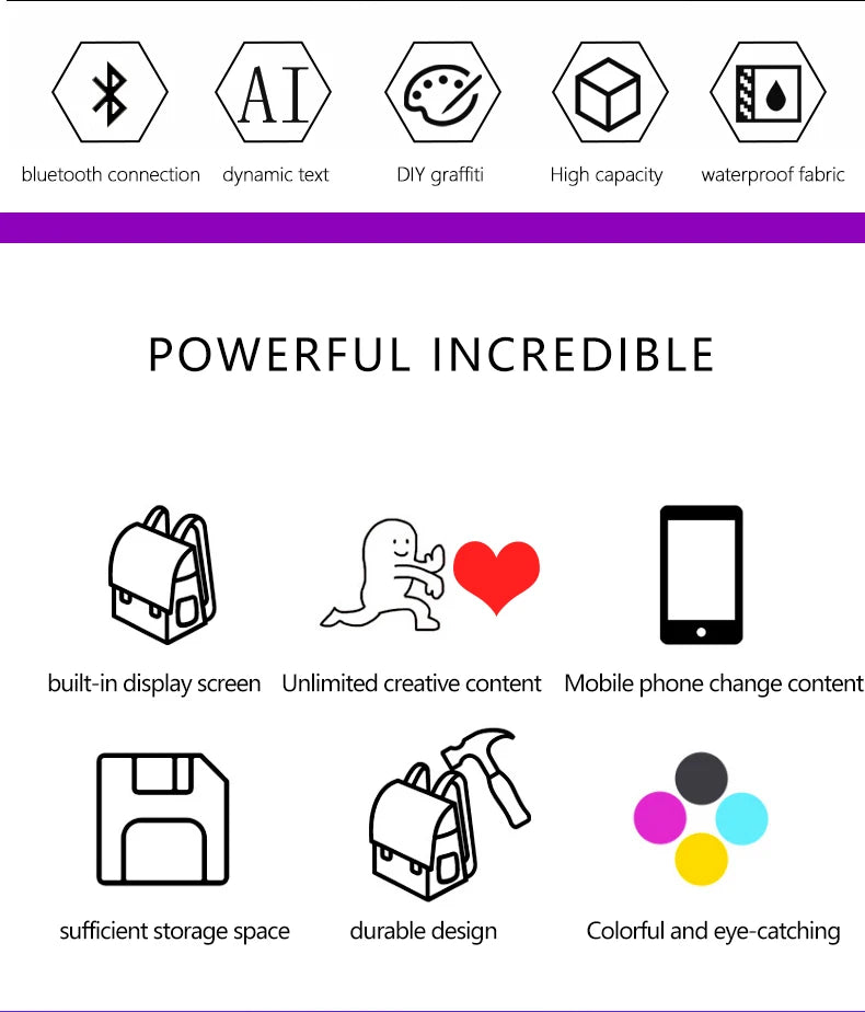 Fashion Custom APP Programmable Smart Led GIF Picture Advertising Backpack