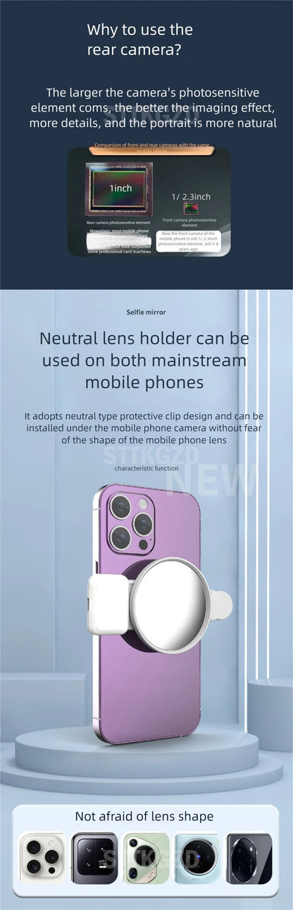 STTKGZD Selfie Reflector Mirror Mobile Phone Fill Light Kit Portable Mobile Mirror Clip Storage Bag Mobile Phone Rear Camera
