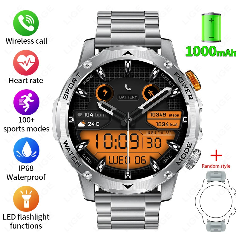 LIGE New 1000mAh Big Battery Smart Watch Men LED Flashlight BT Call IP68 Waterproof Men Watches Spots Smartwatch For Android ios