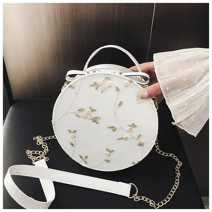 Sweet Lace Round Handbags High Quality PU Leather Women Crossbody Bags for Women 2025 Small Fresh Flower Chain Shoulder