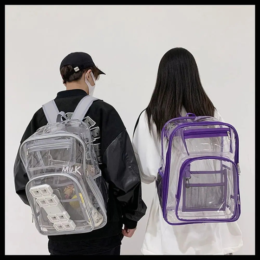 Casual PVC Clear Backpack Large Capacity with Multi-pockets Students Bookbag See Through Waterproof Transparent Backpack Travel