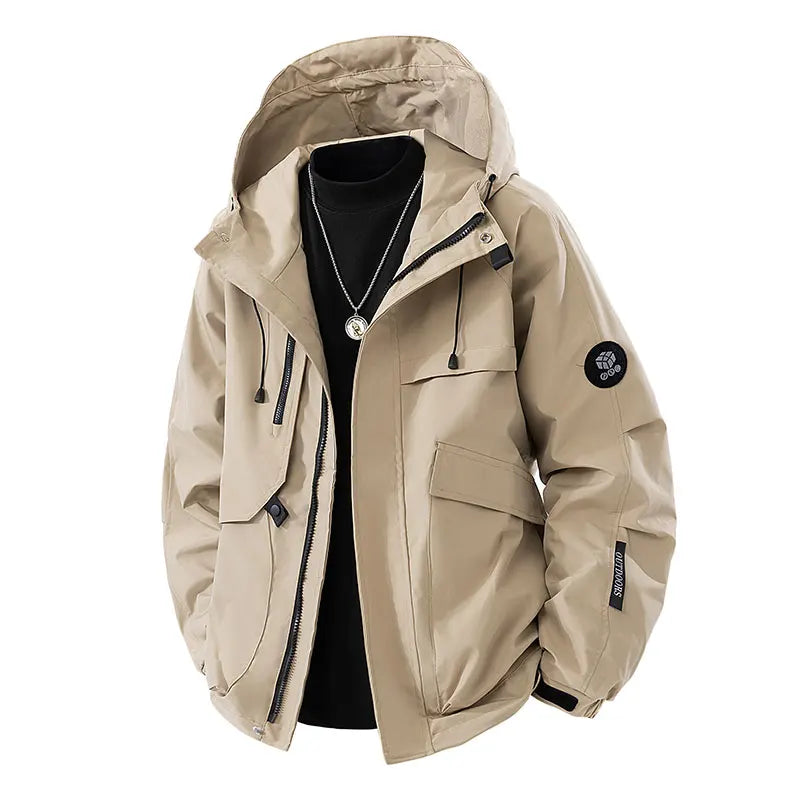 Men’s Hooded Outdoor Windbreaker Jacket Windproof Coats Warm Tactical Coat with Multi Pockets for Hiking Camping Travel Autumn