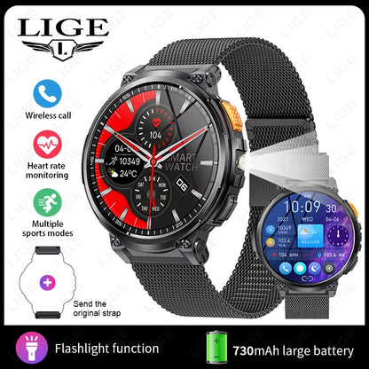 LIGE 1.85"HD Screen Outdoor Sport Smartwatch Men Heart Rate Flashlight Watch 730mAh Battery Waterproof Wireless Call Smart Watch