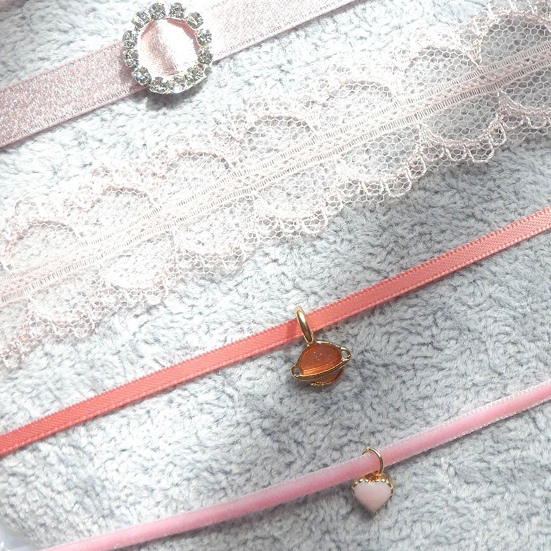Fashion Women's Choker Necklace Lovely Gothic Pink Lace Pearl Pendant Elastic Short Clavicle Necklace Jewelry Gift For Girls