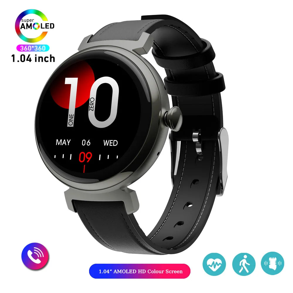 AMOLED Bluetooth Call Smart Watch Screen Always Display 1.04 inch Fashion Ladies Smartwatch Metal Body Small Screen Watch
