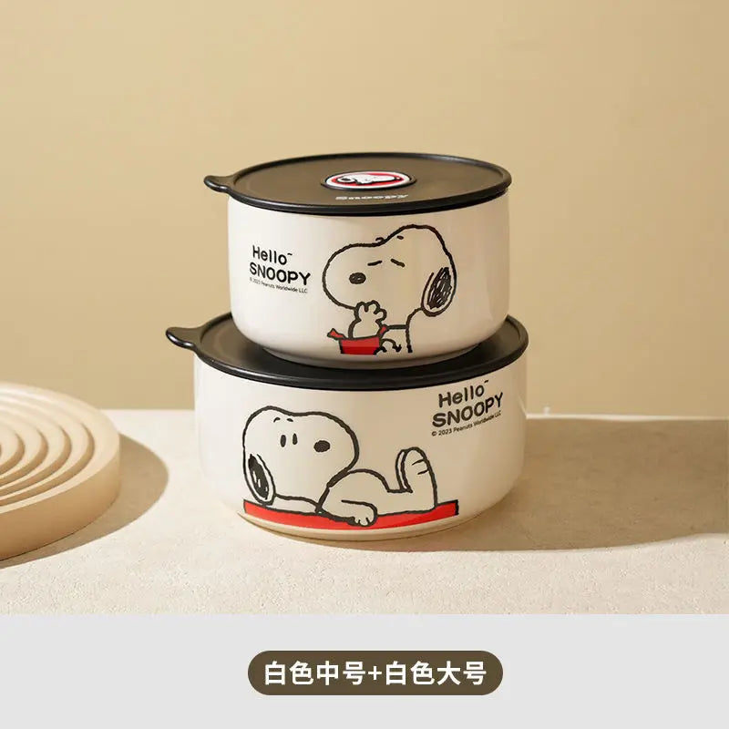 Snoopy animation peripheral cartoon safety bowl sealed ceramic box with lid can be microwaved and portable for office workers