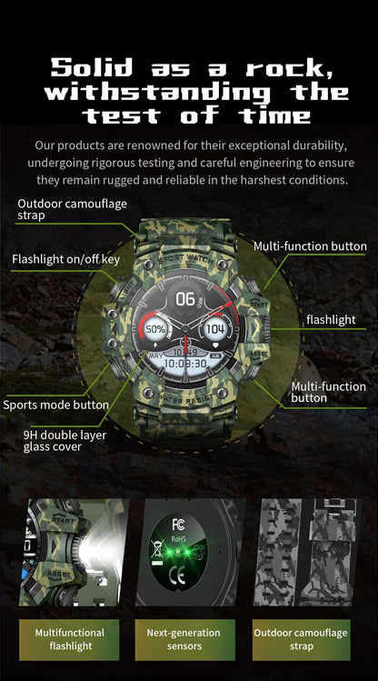 2025New Outdoor Fitness Activities Smart Watch Men Hiking Pedometer Compass LED Flashlight IP68 Waterproof Call Smartwatch