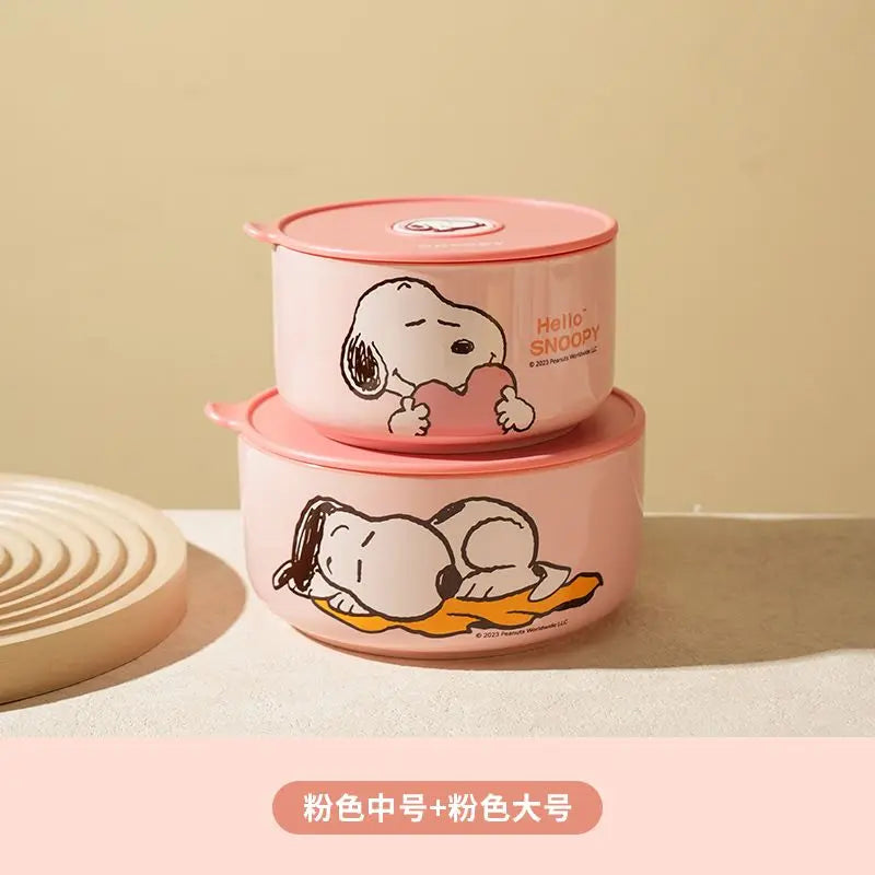 Snoopy animation peripheral cartoon safety bowl sealed ceramic box with lid can be microwaved and portable for office workers