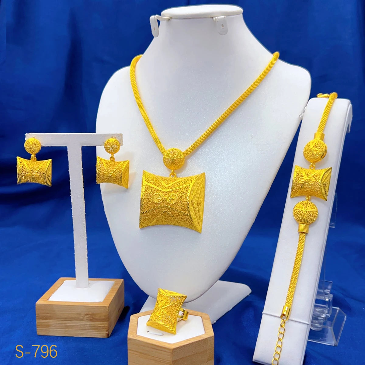 Luxury Dubai Rectangle Necklace And Earrings Jewelry Sets For Women Ethiopian Indian Bridal 24k Gold Color Set Wedding Party