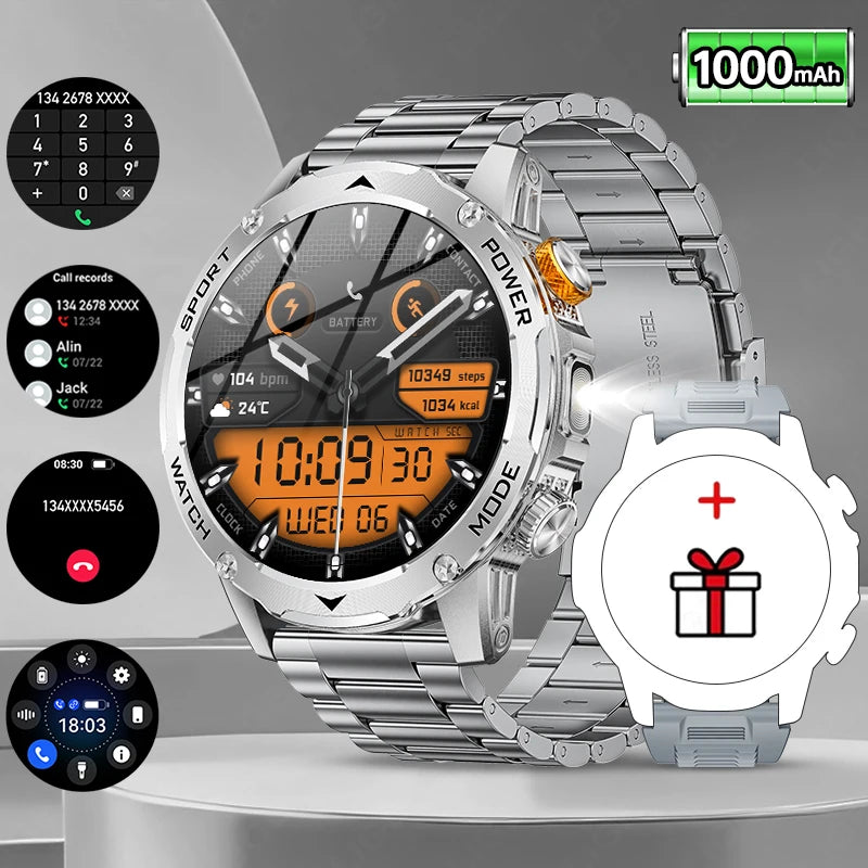 LIGE New Military Outdoor Sport Smart Watch Men Flashlight IP68 Waterproof 1.7" HD Wireless Call Smartwatch 1000mAh Big Battery
