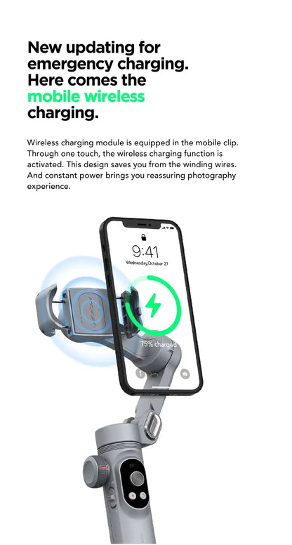 3-Axis Handheld Stabilizer Wireless Charger LED Display Light Focusing Wheel for iOS Android Phones Smart X Pro Universal Joint