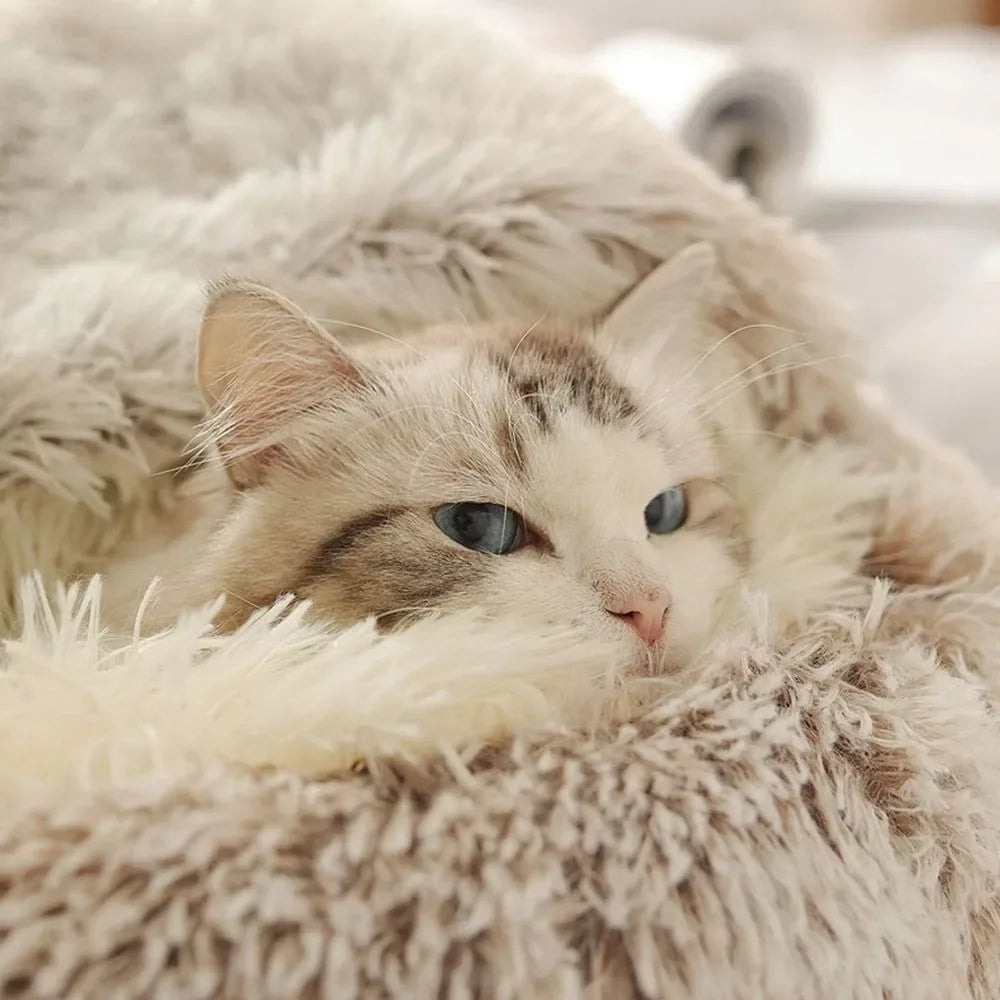 Soft Warm Long Plush Pet Bed Enclosed Round Cat Cushion Comfortable Sleep Bag Cat Nest Kennel for Small Pet Cat Nest