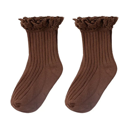 Korean Baby Children Girls Cute Striped Socks Kids School Uniform Stockings Princess Floral Ruffled Long Socks Mid-calf Socks