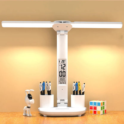 LED Table Lamp USB Chargeable Dimmable Clock Desk Lamps 2 Heads 180 Rotate Foldable Eye Protection Desktop Reading Night Lights