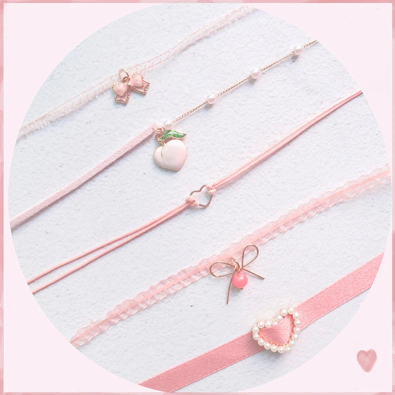 Fashion Women's Choker Necklace Lovely Gothic Pink Lace Pearl Pendant Elastic Short Clavicle Necklace Jewelry Gift For Girls