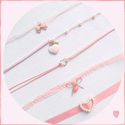 Fashion Women's Choker Necklace Lovely Gothic Pink Lace Pearl Pendant Elastic Short Clavicle Necklace Jewelry Gift For Girls