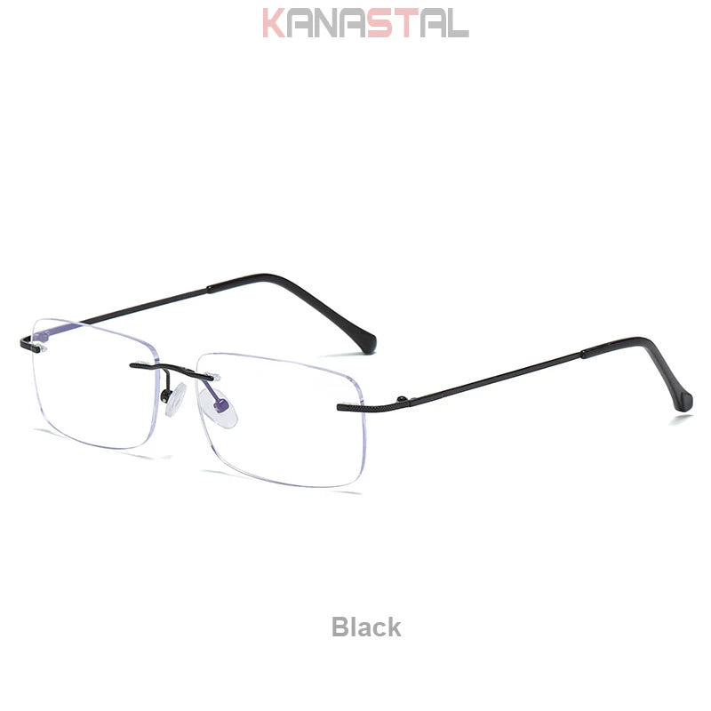 Men's Anti Blue Light Blocking Reading Glasses Cut Frameless Metal HD Lens Eyewear Women Prescription Presbyopic Glasses +400