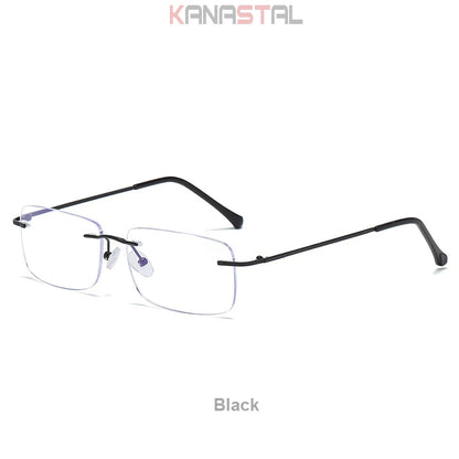 Men's Anti Blue Light Blocking Reading Glasses Cut Frameless Metal HD Lens Eyewear Women Prescription Presbyopic Glasses +400
