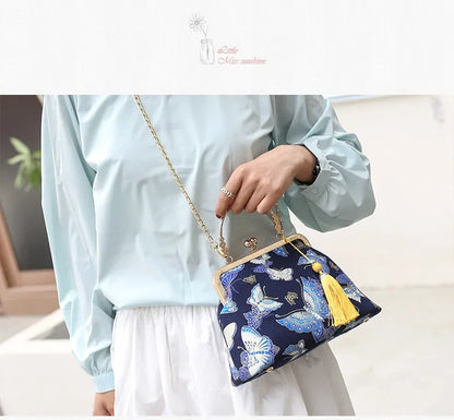 Fashion Vintage Fringe Bag Small Shell Bags Chain Women Shoulder Crossbody Bag Crane Flying Women's Handbags Purses Embroidery