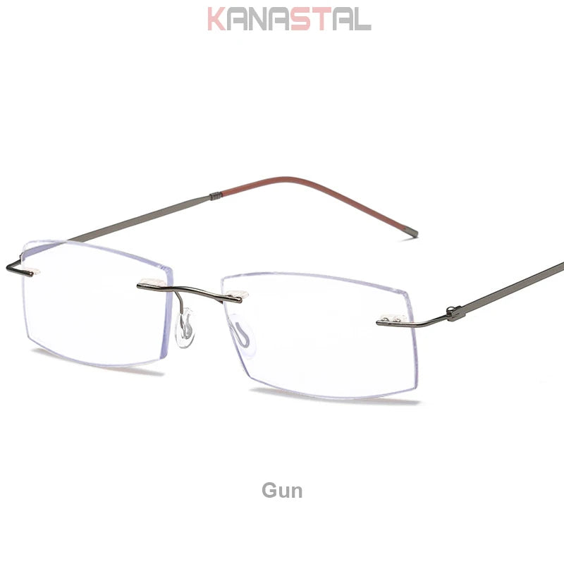 Men's Anti Blue Light Blocking Reading Glasses Cut Frameless Metal HD Lens Eyewear Women Prescription Presbyopic Glasses +400