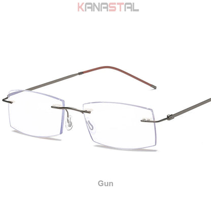 Men's Anti Blue Light Blocking Reading Glasses Cut Frameless Metal HD Lens Eyewear Women Prescription Presbyopic Glasses +400
