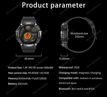 New Outdoor Military Smartwatch For Men Health Monitor Bluetooth Call Voice Assistant GPS Sports Waterproof Men Smartwatch 2024
