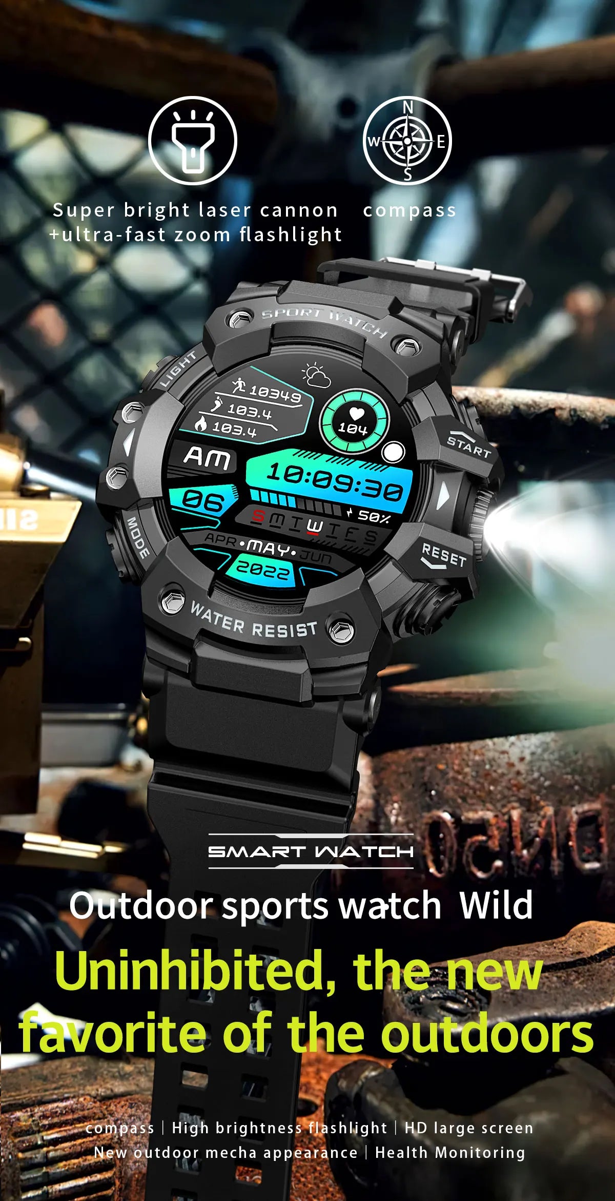 2025New Outdoor Sports Flashlight Fitness Smart Watch Bluetooth Call Multiple Sports Modes Compass Waterproof Outdoor Durable