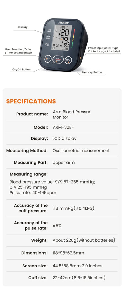 Sinocare Blood Pressure Monitor Digital Tonometer Upper Arm Blood Pressure Meter Automatic BP Medical Sphygmomanometer Pulse