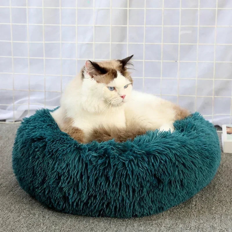 Long haired ultra soft pet cat bed plush washable calming bed donut bed comfortable sleeping artifact