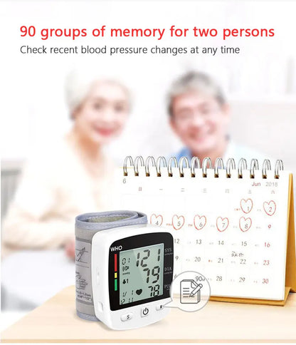 Rechargeable Digital Blood Pressure Monitor Wrist Electronic Sphygmomanometer  Tensiometer With LCD Display, 2 X 99 Memory